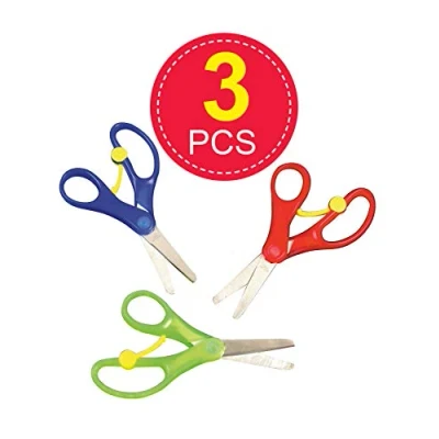 Image of Baker Ross E7376 Spring Loaded Scissors Pack of 3, Small School Childrens Kids Scissors, Stainless Steel Blades Safety Comfort Grip Handles Student Toddler Craft Cutting, Assorted Colour, 13cm