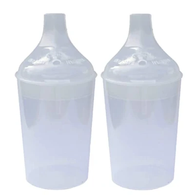Image of Lizzyoftheflowers 2 Pack Clear, Wide Spout, Feeding Beakers. 200ml with Graduated Measurements and Controllable Flow Lid Re usable Product, Microwave Safe &amp; Spill Proof