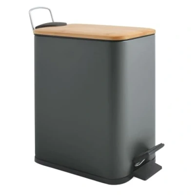 Image of Spirella Erik Cosmetic Bin, 5 Litres, Stainless Steel with Soft Close Mechanism and Inner Bucket, Bathroom Waste Anthracite Bamboo