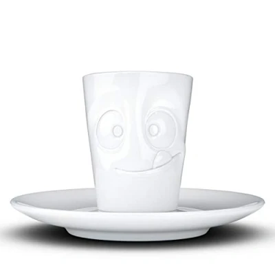 Image of FIFTYEIGHT PRODUCTS/Copper/Espresso Cup with Saucer &#039;Treats&#039; (Porcelain, 80 ml, White, Made in Germany)