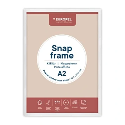 Image of EUROPEL lightweight Snap frame A2, matt white powder coated finish, Profile 25x11 mm, Anodized aluminum, anti reflective protector, External dimensions 451x625 Grey polystyrene back