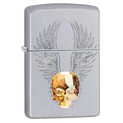 Image of Zippo Unisex&#039;s Skull Design Pocket Lighter, Satin Chrome Gold Emblem, One size