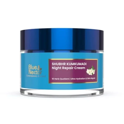 Image of Blue Nectar Night Cream Mositurizer for Face with Natural Almond Oil &amp; Saffron Ayurvedic Formula Facial Moisturizer Overnight Skin Repair, Hydration and Nourishment (16 Herbs, 50g)