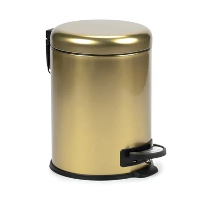 Image of TATAY Bathroom Trash Bin with Stainless Steel Pedal, 5L Capacity, Removable Inner Case, Cushioned Drop Closure, BPA Free, Gold Colour. Measures 17,5 x 22,5 25 cm.