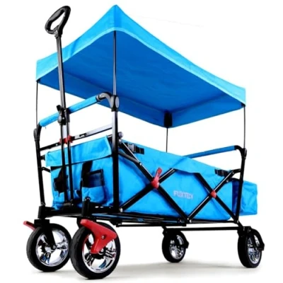 Image of FUXTEC folding/foldable wagon hand cart garden trolley carriage of children outdoor hiking trail hard ground removable canopy rear bag 4 wheels cover CT 500 Blue