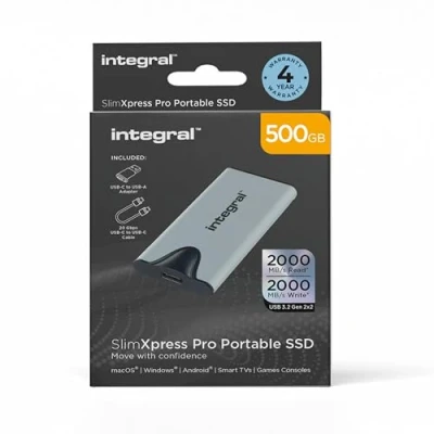 Image of Integral SlimXpress Pro 500GB External SSD: Super fast 2000MB/s Read/Write, USB &amp; C 3.2 Gen 2x2, Compact Aluminum Design, Plug Play. Mac, PC, Android, XBOX, PlayStation Compatible.