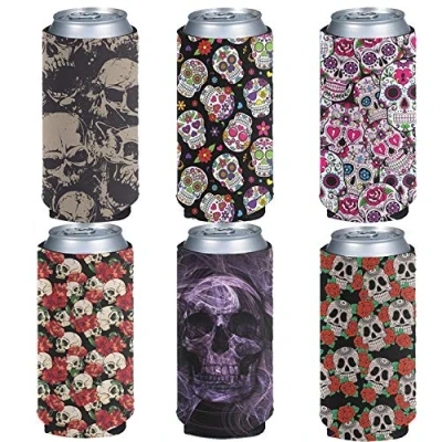 Image of Pizding 6pcs Skull Sugar Design Elastic Flexible Standard Beer Can Cooler, Drink Coolies Foldable Insulators for Cans Cooler Bags Fit 12oz Energy Tea Weddings Parties Events