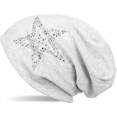 Image of styleBREAKER Beanie hat with Rhinestone Rivets Star and Silver Anthracite Coloured Decorative Stones, Slouchy Long Beanie, Unisex 04024087, Colour:Mottled Light Grey