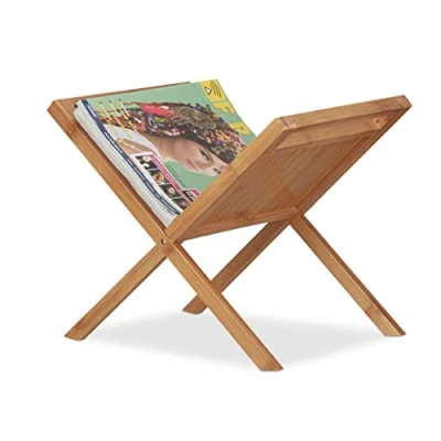 Image of Relaxdays Bamboo Magazine Holder, Newspaper Rack with Handles, Compact, Freestanding, DIN A4 and A5, Natural
