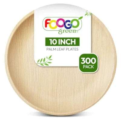 Image of FOOGO Green 300 Disposable Palm Leaf Plates, 10&quot;(25cm) Large Round, Eco Friendly Biodegradable Compostable Like Wooden Bamboo Paper Plates for Hot Food, Wedding Picnic