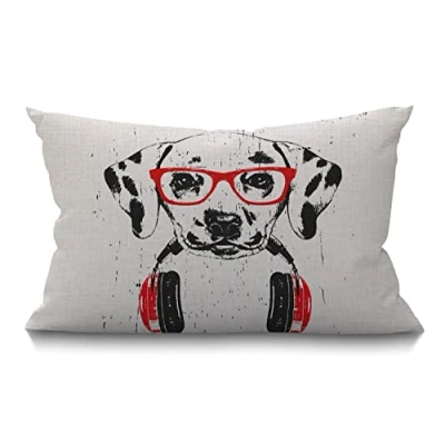 Image of BGBDEIA Cushion Cover Dalmatian Funny Animal Puppy Wearing Hip Hop Headphone Glasses Lovely Pet Rectangular Throw Pillow for Couch Sofa Home Decor Cotton Linen 12x20 Inch 30 x 50 cm
