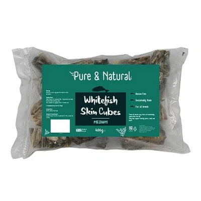 Image of Pure &amp; Natural Medium Whitefish Skin Cubes Fish for Dogs, Low Fat Dog Chew Gluten Free Treats Fish, High Protein Skins Dogs 400g Bag