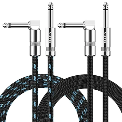 Image of Sovvid Guitar Cable 10FT 2 Pack Instrument Cord Electric AMP for Bass Keyboard 1/4 Inch Right Angle Black and Blue