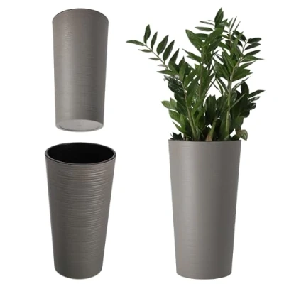Image of KADAX Tall Planter, Round Eco Friendly Plant Pot for Indoor and Outdoor Use, Large Flower Made from Recycled Wood Shavings (Grey, ⌀ 19.5 cm)