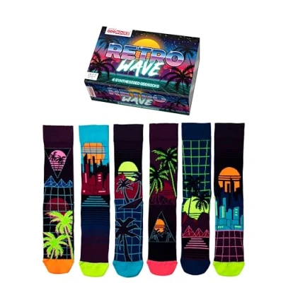 Image of United Oddsocks Retro Wave Gift Box 6 Odd Socks UK 11 EUR 39 46 7 12