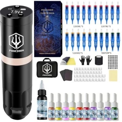 Image of Tattoo Pen kit, Gun kit with 1500mAh Capacity Wireless Power and 20 PCS Cartridge Machine, Japan Coreless Motor Digital OLED Display for Equipment Supply（PK HM124）