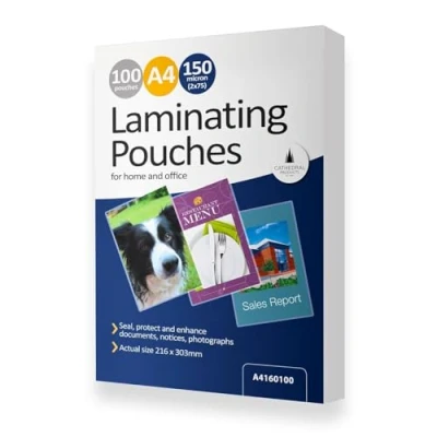 Image of 100 x A4 150 Micron Laminating Pouches with Crystal Clear Gloss Finish Laminator Pouch Set for Home, Office, Business Protect Important Documents, Posters, Images, Projects
