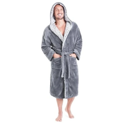Image of CityComfort Dressing Gown Men and Teenagers Super Soft Hooded Mens Fleece Robe Sizes M 2XL Warm Cosy Loungewear Nightwear (Grey, L)