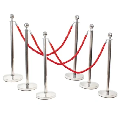 Image of PARTYRAMA.CO.UK 6 Chrome Red Carpet Stanchion Rope Barriers Pole Safety with 4 Braided Ropes