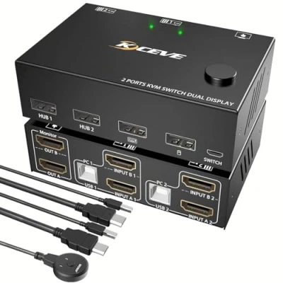 Image of KVM Switch 2 Monitors Computers, 4K@30Hz Dual Monitor HDMI USB 2.0 Switcher in Out PC Keyboard Mouse Support Extended And Copy Display
