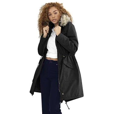 Image of Ladies Charlotte Fishtail Parka Long Coat with Faux Fur Trimmed Hood (14, Black)