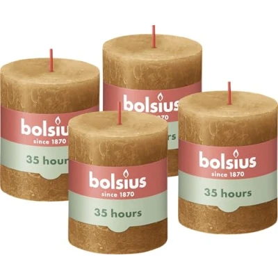 Image of Bolsius Rustic Pillar Candle Yellow Pack of 4 Long Burning Time 35 Hours Household Interior Decoration Unscented Natural Vegan Wax No Palm Oil 8 x 7 cm