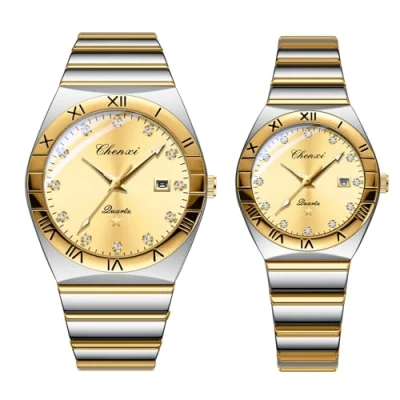 Image of JewelryWe Pair of Watches Luminous Partner Watch: 2pcs 30m Waterproof Calendar Analogue Quartz Couple Wristwatch Stainless Steel Band Friendship Watch with Roman Numerals Rhinestone Scale &amp; Black