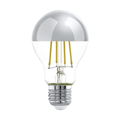 Image of EGLO LED filament light bulb with silver crown mirror top, half mirrored Edison lamp, 7.5 watt (equivalent to 60 watt), 806 lumen, warm white glow, 2700 Kelvin, A60, Ø 2.4&quot;