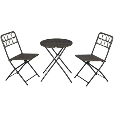 Image of Outsunny 3 Pieces Rattan Bistro Set, Wicker Folding Garden Furniture Set with Coffee Table and Chairs for Outdoor, Patio, Balcony, Grey