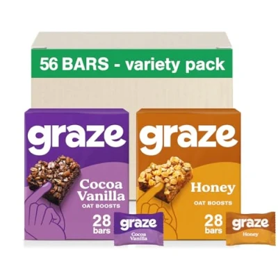 Image of Graze Variety box of Healthy Snacks Cocoa Vanilla snack bars &amp; Honey oat protein Packaging may vary (56x30g)