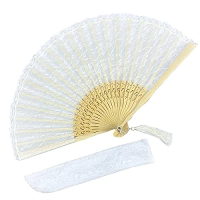 Image of Eastern Wind white lace hand folding fan, wedding fan,Japanese Chinese foldable handheld fan for women 22cm