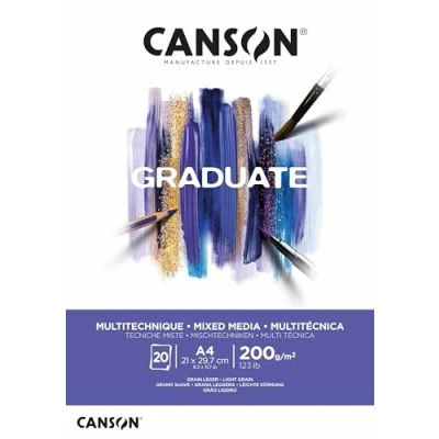 Image of CANSON Graduate Mixed Media 220gsm A4 Paper, Light Grain, Pad Glued Short Side, 20 Bright White Sheets, Ideal for Student Artists