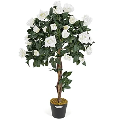 Image of CHRISTOW Artificial Rose Tree Cream Flowers Twisted Wooden Trunk Potted Indoor Outdoor 3ft