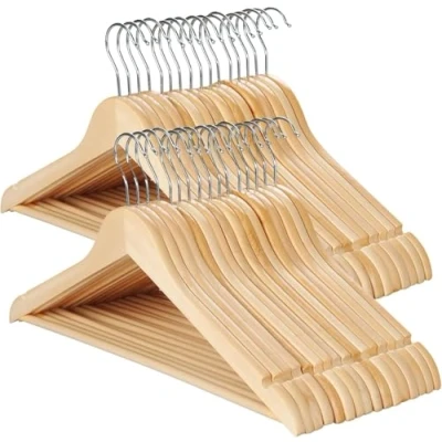 Image of 20 Wooden Hangers, Coat Clothes with Shoulder Notches, Trousers Bar, 360 Swivel Hook, for Suits, Shirts, Coats, Natural Pack of (40 Natural)