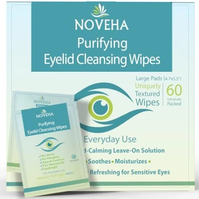 Image of Antimicrobial Eyelid &amp; Lash Wipes For Itchy, Dry Eyes, Styes Blepharitis, Gentle Natural 0.02% Pure Hypochlorous Acid Cleansing Wipes, Hypoallergenic Soothing Sensitive Pack of 60