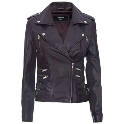 Image of Ladies Retro Purple 100% Nappa Leather Biker Jacket 4XL