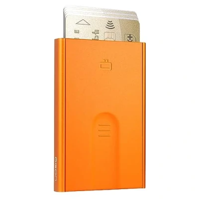 Image of ÖGON Aluminium Card Holder Slider RFID Blocking The Original Minimalist Slim Automatic Wallet for Men and Women Up to 6 Cards (Orange)