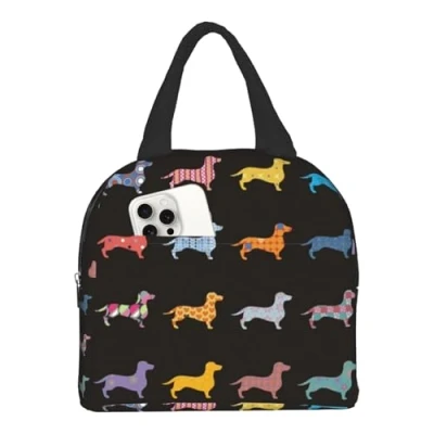 Image of HYEPNED Dachshund Dog Insulated Lunch Bag for Women, Reusable Box with Front Pocket Leakproof Cooler Tote Office Picnic Travel