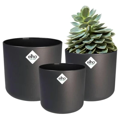 Image of elho B.for Soft Round Plant Pots Flower Indoor 100% Recycled Plastic Set of 3 Ø 14, 16, 18 cm Black/Anthracite