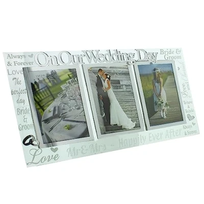Image of Wedding Day photo frame &#039;On Our Day&#039; Glass Triple 4&quot; x 6&quot; 3D words happily ever after, bride &amp; groom, love