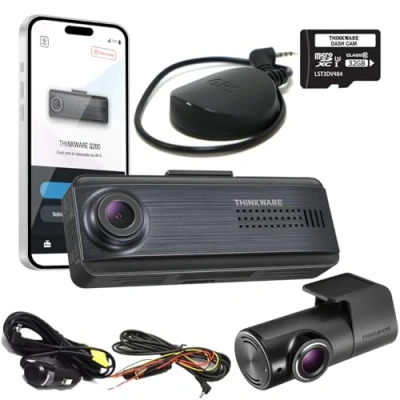 Image of Thinkware Q200 Dash Cam QHD 1440p Front &amp; 1080p HD Rear Car Camera With Super Night Vision Includes External GPS Antenna, Dual Leads for Battery Safe Parking Mode 32GB SD Card Android/iOS App