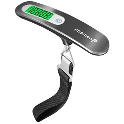 Image of Fosmon Digital Luggage Scale (Stainless Steel, Backlight, LCD Display) Ergonomic and Lightweight Suitcase Weighing Scales, 110 lb / 50 kg with Tare Function Silver