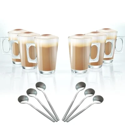 Image of Crystals Set of 6 Latte Glasses, Mugs 240 ml Temperature Resistant Stylish Cups Hot Drink Cafe Ideal for Ice Cream Latte, Espresso, Cappuccino &amp; Chocolate Transparent