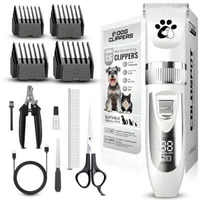 Image of Dog Clippers Cordless, Grooming Kit, Low Noise Rechargeable LED Display Pet Trimmer (White)