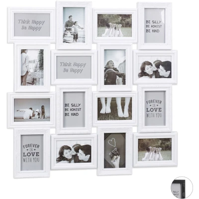 Image of Relaxdays Collage Multi Frame, 16 Photos, Pictures 9x13cm,Vertical &amp; Horizontal, HxW 70x70 cm, White, PP, cardboard, 70 x 2.5 cm
