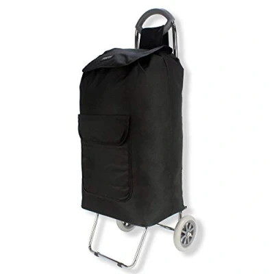 Image of Folding Shopping Trolley Chrome Steel Frame Wheeled Cart Grocery Bag (Plain Black)
