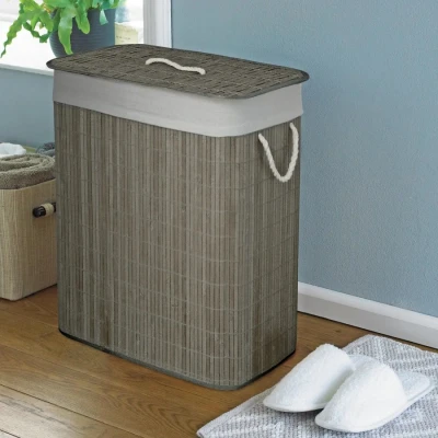 Image of Oblong Eco friendly Bamboo Laundry basket with a Lid, Washable Liner and Divider, Grey, 52 x 32 60cm Country Club