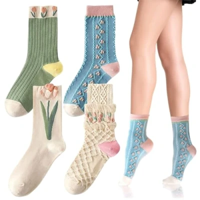 Image of FUIPVGI 4 Pairs Cute Ladies Socks, Slouch Socks Womens Floral Women Vintage Patterned Cotton Crew Comfort Cuff Embroidered Casual (UK, Age, One Size, Pairs)