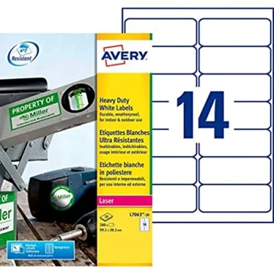 Image of Avery L7060 20 Pack of Sheets Polyester Labels, white 99.1 x 38.1 mm
