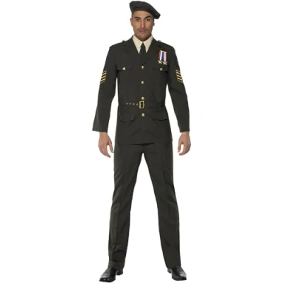 Image of Smiffys Wartime Officer, Green Beret, Tie, Trousers, Belt and Jacket, Land, Sea Air Forces Fancy Dress, Army Dress Up Costumes